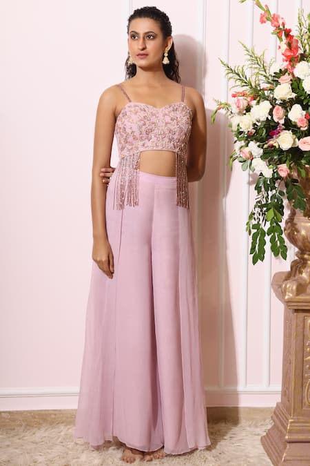 Shop_Nitika Kanodia Gupta_Purple Georgette Sweetheart Neck Embroidered Tunic Palazzo Set_Online_at_Aza_Fashions
