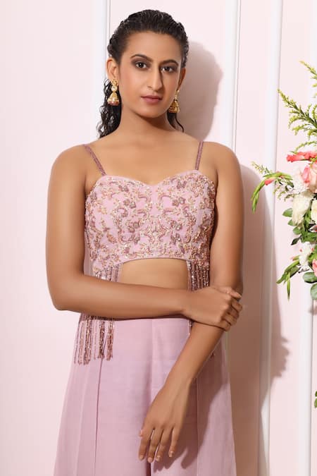 Nitika Kanodia Gupta_Purple Georgette Sweetheart Neck Embroidered Tunic Palazzo Set_at_Aza_Fashions