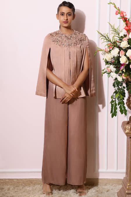 Nitika Kanodia Gupta_Pink Crepe Georgette Round Embroidered Cape Pant Set_Online_at_Aza_Fashions