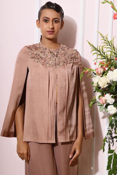 Buy_Nitika Kanodia Gupta_Pink Crepe Georgette Round Embroidered Cape Pant Set_Online_at_Aza_Fashions