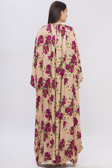 Shop Shehlaa Khan Beige Satin Georgette Printed Cape Jacket at Aza Fashions Shop_Shehlaa Khan_Beige Satin Georgette Printed Cape Jacket _at_Aza_Fashions