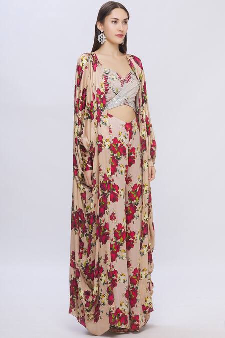 Shehlaa Khan Beige Satin Georgette Printed Cape Jacket Online at Aza Fashions Shehlaa Khan_Beige Satin Georgette Printed Cape Jacket _Online_at_Aza_Fashions