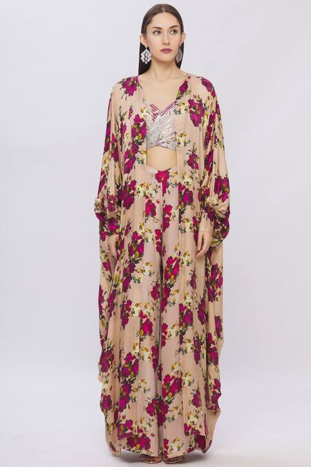 Buy Shehlaa Khan Beige Satin Georgette Printed Cape Jacket Online at Aza Fashions Buy_Shehlaa Khan_Beige Satin Georgette Printed Cape Jacket _Online_at_Aza_Fashions