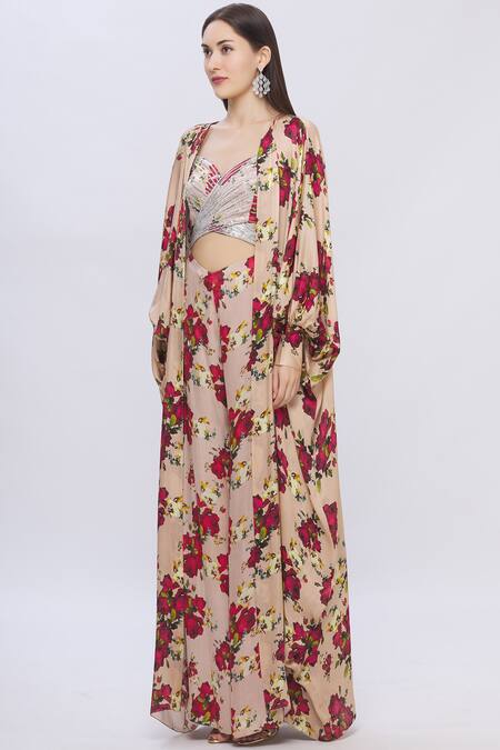 Shop Shehlaa Khan Beige Satin Georgette Printed Cape Jacket Online at Aza Fashions Shop_Shehlaa Khan_Beige Satin Georgette Printed Cape Jacket _Online_at_Aza_Fashions