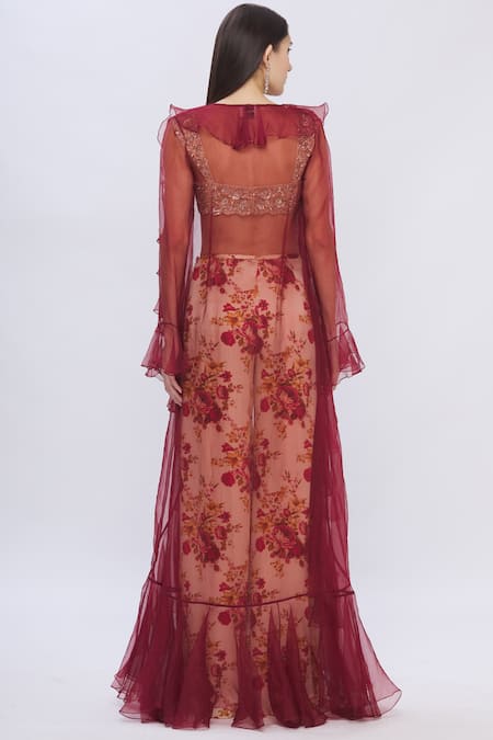 Shop Shehlaa Khan Beige Organza, Satin Square Neck Printed Pant Set at Aza Fashions Shop_Shehlaa Khan_Beige Organza, Satin Square Neck Printed Pant Set _at_Aza_Fashions