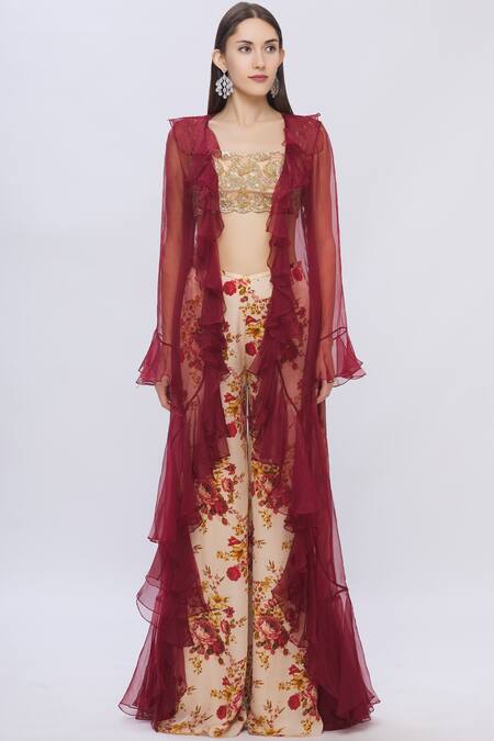 Shehlaa Khan Beige Organza, Satin Square Neck Printed Pant Set Online at Aza Fashions Shehlaa Khan_Beige Organza, Satin Square Neck Printed Pant Set _Online_at_Aza_Fashions