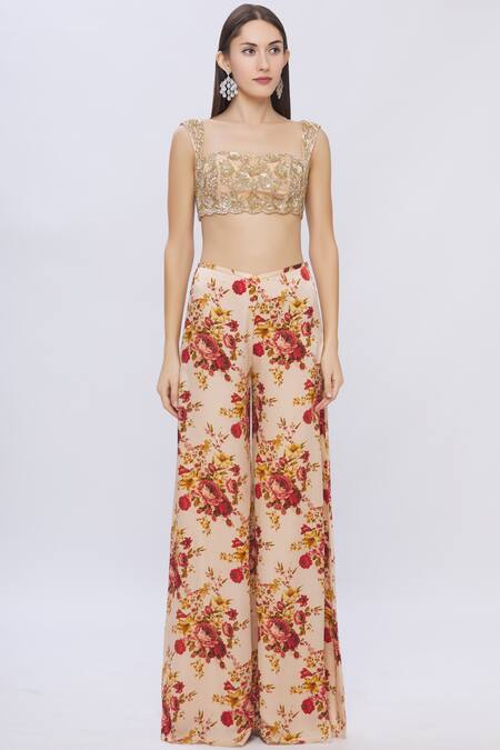 Buy Shehlaa Khan Beige Organza, Satin Square Neck Printed Pant Set Online at Aza Fashions Buy_Shehlaa Khan_Beige Organza, Satin Square Neck Printed Pant Set _Online_at_Aza_Fashions