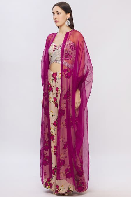 Shop Shehlaa Khan Pink Organza Open Front Cape Jacket Online at Aza Fashions Shop_Shehlaa Khan_Pink Organza Open Front Cape Jacket _Online_at_Aza_Fashions