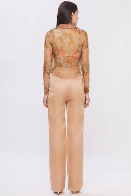 Shop Shehlaa Khan Beige Organza, Satin Shirt Stand Fall Collar Crop Top Printed Pant Set at Aza Fashions Shop_Shehlaa Khan_Beige Organza, Satin Shirt Stand Fall Collar Crop Top Printed Pant Set _at_Aza_Fashions