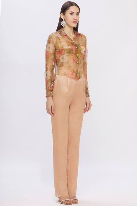 Shehlaa Khan Beige Organza, Satin Shirt Stand Fall Collar Crop Top Printed Pant Set Online at Aza Fashions Shehlaa Khan_Beige Organza, Satin Shirt Stand Fall Collar Crop Top Printed Pant Set _Online_at_Aza_Fashions