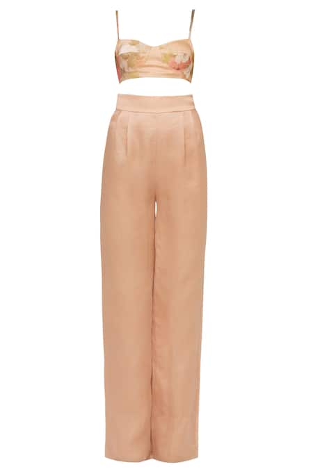 Buy Shehlaa Khan Beige Organza, Satin Shirt Stand Fall Collar Crop Top Printed Pant Set Online at Aza Fashions Buy_Shehlaa Khan_Beige Organza, Satin Shirt Stand Fall Collar Crop Top Printed Pant Set _Online_at_Aza_Fashions