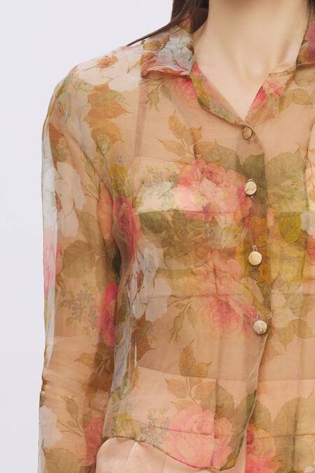 Shehlaa Khan Beige Organza, Satin Shirt Stand Fall Collar Crop Top Printed Pant Set at Aza Fashions Shehlaa Khan_Beige Organza, Satin Shirt Stand Fall Collar Crop Top Printed Pant Set _at_Aza_Fashions