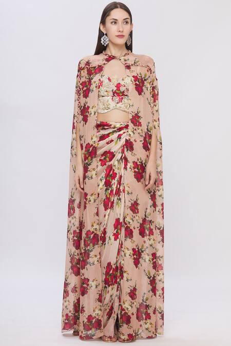 Shehlaa Khan Beige Satin Crop Top Sweetheart Jacket Round Printed Skirt Set Online at Aza Fashions Shehlaa Khan_Beige Satin Crop Top Sweetheart Jacket Round Printed Skirt Set _Online_at_Aza_Fashions