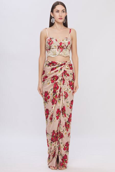 Buy Shehlaa Khan Beige Satin Crop Top Sweetheart Jacket Round Printed Skirt Set Online at Aza Fashions Buy_Shehlaa Khan_Beige Satin Crop Top Sweetheart Jacket Round Printed Skirt Set _Online_at_Aza_Fashions