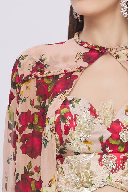 Shehlaa Khan Beige Satin Crop Top Sweetheart Jacket Round Printed Skirt Set at Aza Fashions Shehlaa Khan_Beige Satin Crop Top Sweetheart Jacket Round Printed Skirt Set _at_Aza_Fashions