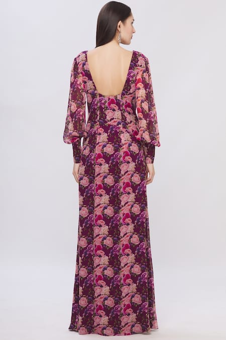 Shop Shehlaa Khan Purple Georgette V Neck Printed Maxi Dress at Aza Fashions Shop_Shehlaa Khan_Purple Georgette V Neck Printed Maxi Dress _at_Aza_Fashions