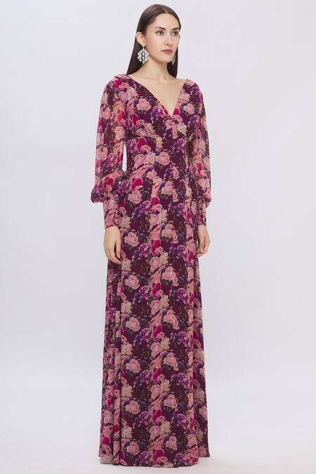 Shehlaa Khan Purple Georgette V Neck Printed Maxi Dress Online at Aza Fashions Shehlaa Khan_Purple Georgette V Neck Printed Maxi Dress _Online_at_Aza_Fashions