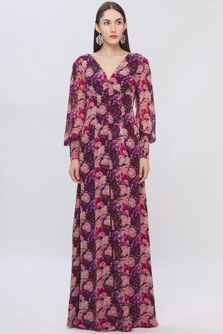 Buy Shehlaa Khan Purple Georgette V Neck Printed Maxi Dress Online at Aza Fashions Buy_Shehlaa Khan_Purple Georgette V Neck Printed Maxi Dress _Online_at_Aza_Fashions