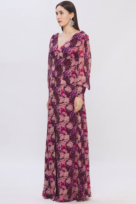 Purple Plum Georgette Gown Party Wear Maxi Dress Prom Dress