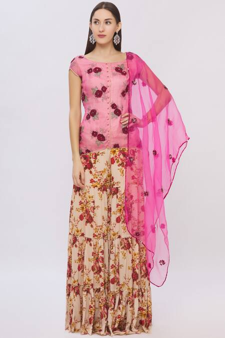 Shehlaa Khan Pink Organza, Crepe Round Embellished Kurta Set Online at Aza Fashions Shehlaa Khan_Pink Organza, Crepe Round Embellished Kurta Set _Online_at_Aza_Fashions