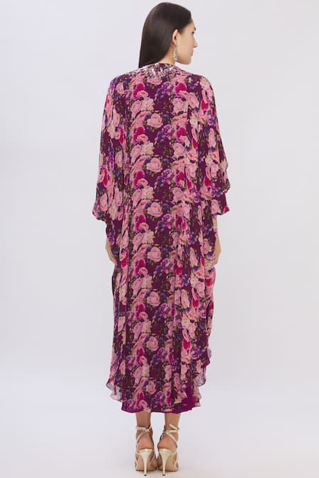 Shop Shehlaa Khan Purple Georgette V Neck Printed Kaftan Dress at Aza Fashions Shop_Shehlaa Khan_Purple Georgette V Neck Printed Kaftan Dress _at_Aza_Fashions
