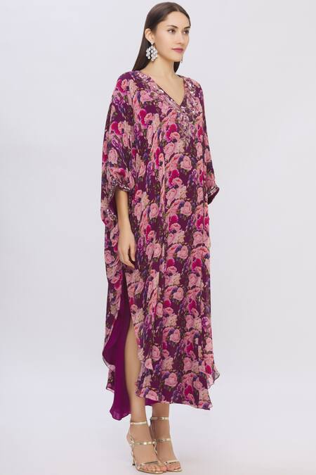 Shehlaa Khan Purple Georgette V Neck Printed Kaftan Dress Online at Aza Fashions Shehlaa Khan_Purple Georgette V Neck Printed Kaftan Dress _Online_at_Aza_Fashions