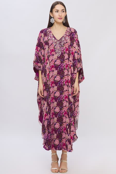 Buy Shehlaa Khan Purple Georgette V Neck Printed Kaftan Dress Online at Aza Fashions Buy_Shehlaa Khan_Purple Georgette V Neck Printed Kaftan Dress _Online_at_Aza_Fashions