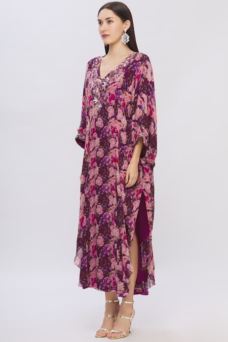 Shop Shehlaa Khan Purple Georgette V Neck Printed Kaftan Dress Online at Aza Fashions Shop_Shehlaa Khan_Purple Georgette V Neck Printed Kaftan Dress _Online_at_Aza_Fashions