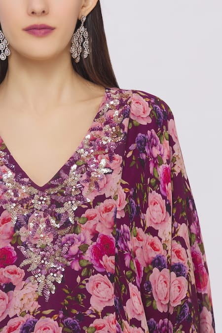 Shehlaa Khan Purple Georgette V Neck Printed Kaftan Dress at Aza Fashions Shehlaa Khan_Purple Georgette V Neck Printed Kaftan Dress _at_Aza_Fashions