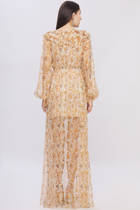 Shop Shehlaa Khan Beige Organza V Neck Printed Layered Dress at Aza Fashions Shop_Shehlaa Khan_Beige Organza V Neck Printed Layered Dress _at_Aza_Fashions