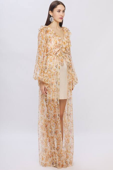 Shehlaa Khan Beige Organza V Neck Printed Layered Dress Online at Aza Fashions Shehlaa Khan_Beige Organza V Neck Printed Layered Dress _Online_at_Aza_Fashions