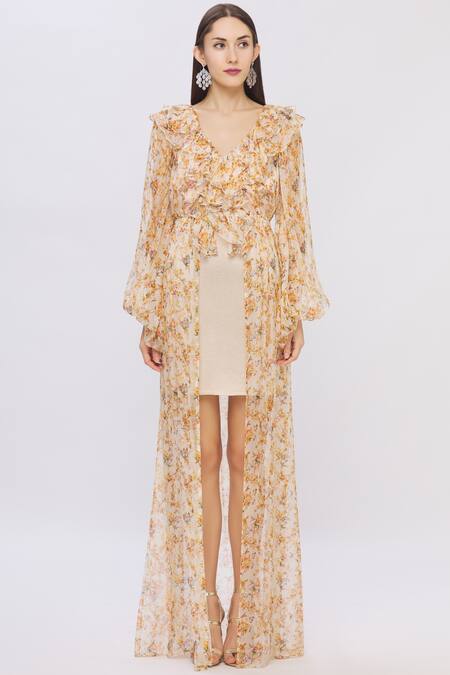 Buy Shehlaa Khan Beige Organza V Neck Printed Layered Dress Online at Aza Fashions Buy_Shehlaa Khan_Beige Organza V Neck Printed Layered Dress _Online_at_Aza_Fashions