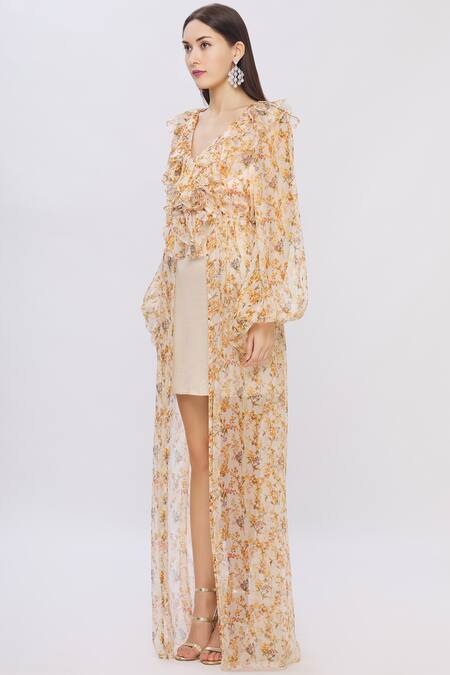 Shop Shehlaa Khan Beige Organza V Neck Printed Layered Dress Online at Aza Fashions Shop_Shehlaa Khan_Beige Organza V Neck Printed Layered Dress _Online_at_Aza_Fashions