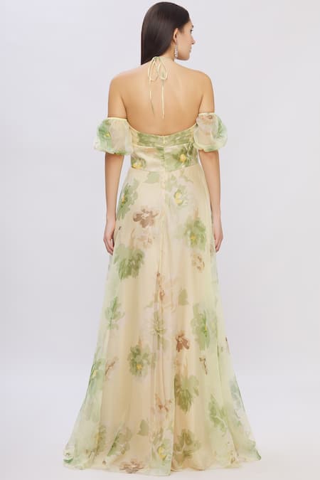 Shop Shehlaa Khan Green Organza Sweetheart Neck Printed Gown at Aza Fashions Shop_Shehlaa Khan_Green Organza Sweetheart Neck Printed Gown _at_Aza_Fashions