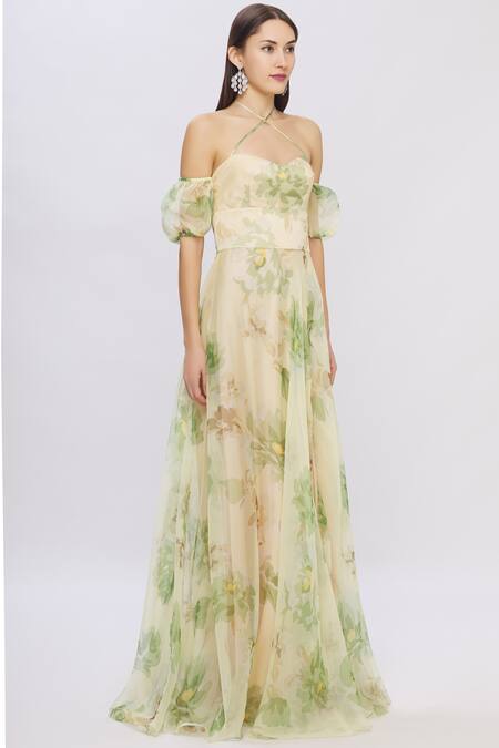 Shehlaa Khan Green Organza Sweetheart Neck Printed Gown Online at Aza Fashions Shehlaa Khan_Green Organza Sweetheart Neck Printed Gown _Online_at_Aza_Fashions