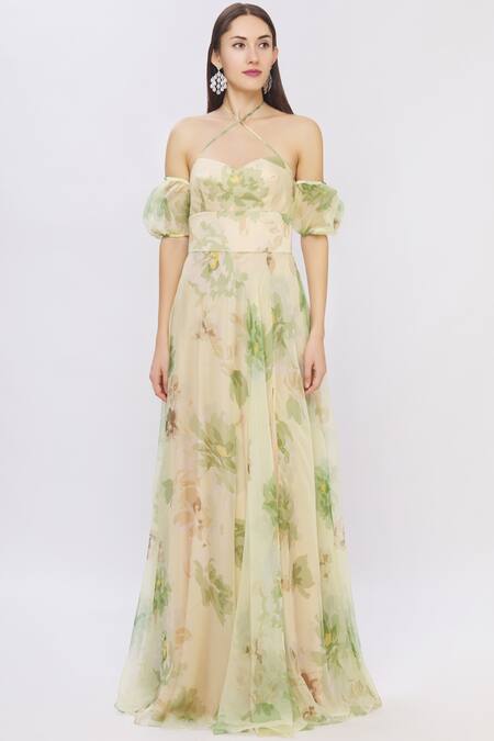 Buy Shehlaa Khan Green Organza Sweetheart Neck Printed Gown Online at Aza Fashions Buy_Shehlaa Khan_Green Organza Sweetheart Neck Printed Gown _Online_at_Aza_Fashions