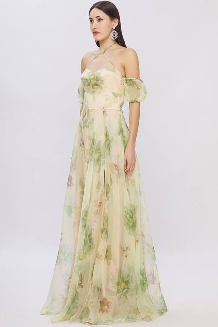 Shop Shehlaa Khan Green Organza Sweetheart Neck Printed Gown Online at Aza Fashions Shop_Shehlaa Khan_Green Organza Sweetheart Neck Printed Gown _Online_at_Aza_Fashions