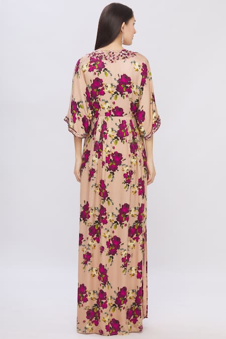 Shop Shehlaa Khan Beige Satin V Neck Printed Kaftan Dress at Aza Fashions Shop_Shehlaa Khan_Beige Satin V Neck Printed Kaftan Dress _at_Aza_Fashions