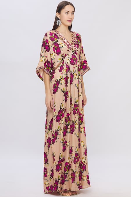 Shehlaa Khan Beige Satin V Neck Printed Kaftan Dress Online at Aza Fashions Shehlaa Khan_Beige Satin V Neck Printed Kaftan Dress _Online_at_Aza_Fashions