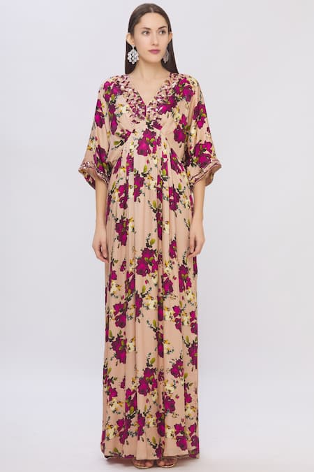 Buy Shehlaa Khan Beige Satin V Neck Printed Kaftan Dress Online at Aza Fashions Buy_Shehlaa Khan_Beige Satin V Neck Printed Kaftan Dress _Online_at_Aza_Fashions