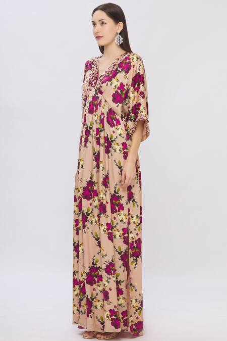 Shop Shehlaa Khan Beige Satin V Neck Printed Kaftan Dress Online at Aza Fashions Shop_Shehlaa Khan_Beige Satin V Neck Printed Kaftan Dress _Online_at_Aza_Fashions