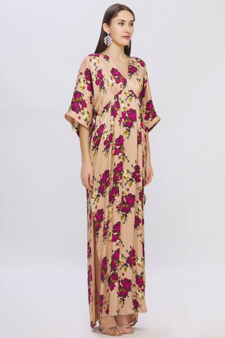 Shehlaa Khan Beige Satin Georgette V Neck Printed Kaftan Dress Online at Aza Fashions Shehlaa Khan_Beige Satin Georgette V Neck Printed Kaftan Dress _Online_at_Aza_Fashions