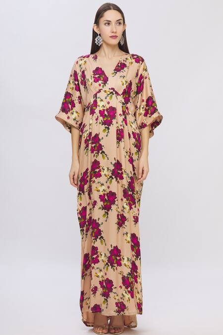 Buy Shehlaa Khan Beige Satin Georgette V Neck Printed Kaftan Dress Online at Aza Fashions Buy_Shehlaa Khan_Beige Satin Georgette V Neck Printed Kaftan Dress _Online_at_Aza_Fashions