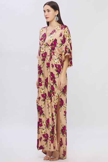 Shop Shehlaa Khan Beige Satin Georgette V Neck Printed Kaftan Dress Online at Aza Fashions Shop_Shehlaa Khan_Beige Satin Georgette V Neck Printed Kaftan Dress _Online_at_Aza_Fashions