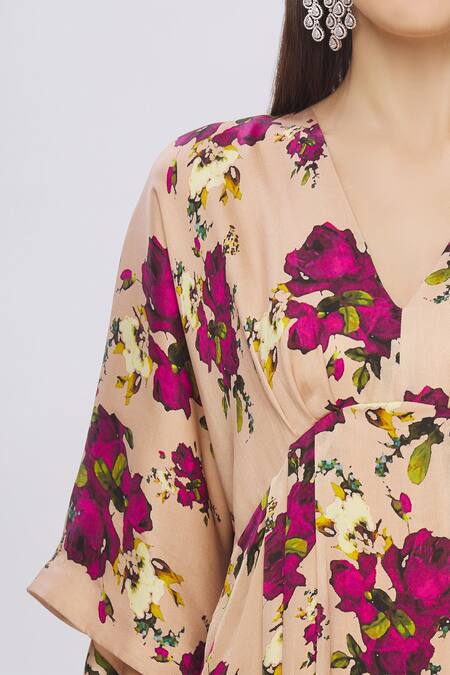 Shehlaa Khan Beige Satin Georgette V Neck Printed Kaftan Dress at Aza Fashions Shehlaa Khan_Beige Satin Georgette V Neck Printed Kaftan Dress _at_Aza_Fashions