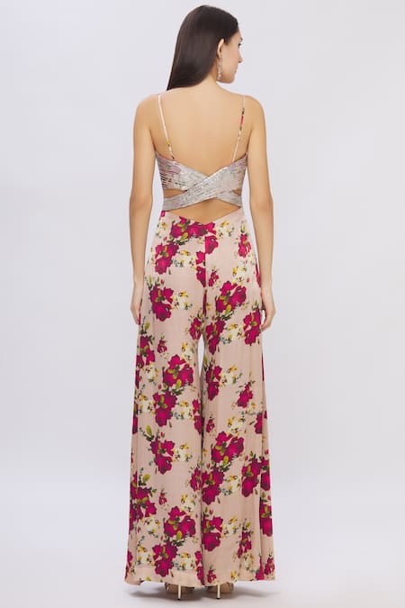 Shop Shehlaa Khan Beige Satin Sweetheart Neck Printed Jumpsuit at Aza Fashions Shop_Shehlaa Khan_Beige Satin Sweetheart Neck Printed Jumpsuit _at_Aza_Fashions