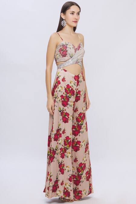 Shehlaa Khan Beige Satin Sweetheart Neck Printed Jumpsuit Online at Aza Fashions Shehlaa Khan_Beige Satin Sweetheart Neck Printed Jumpsuit _Online_at_Aza_Fashions