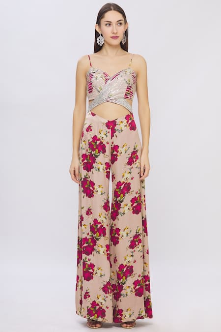 Buy Shehlaa Khan Beige Satin Sweetheart Neck Printed Jumpsuit Online at Aza Fashions Buy_Shehlaa Khan_Beige Satin Sweetheart Neck Printed Jumpsuit _Online_at_Aza_Fashions