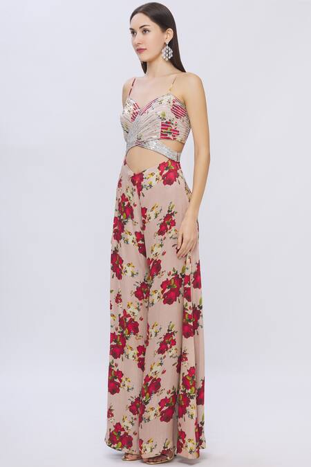 Shop Shehlaa Khan Beige Satin Sweetheart Neck Printed Jumpsuit Online at Aza Fashions Shop_Shehlaa Khan_Beige Satin Sweetheart Neck Printed Jumpsuit _Online_at_Aza_Fashions