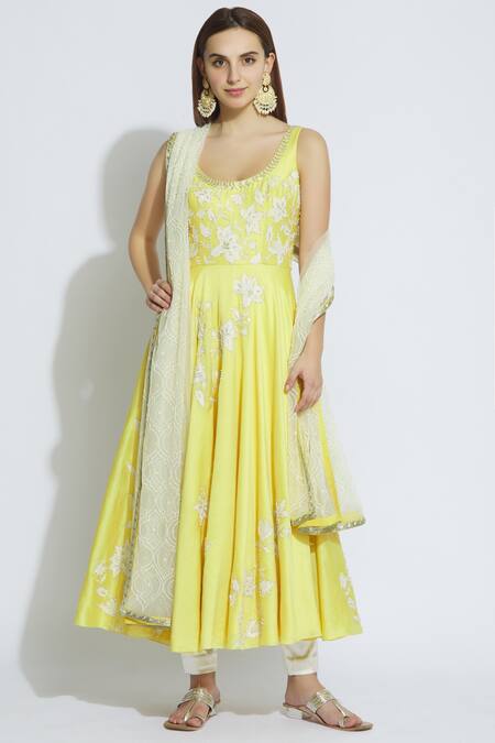Mishru_Yellow Chanderi Embroidered Anarkali Set_Online_at_Aza_Fashions